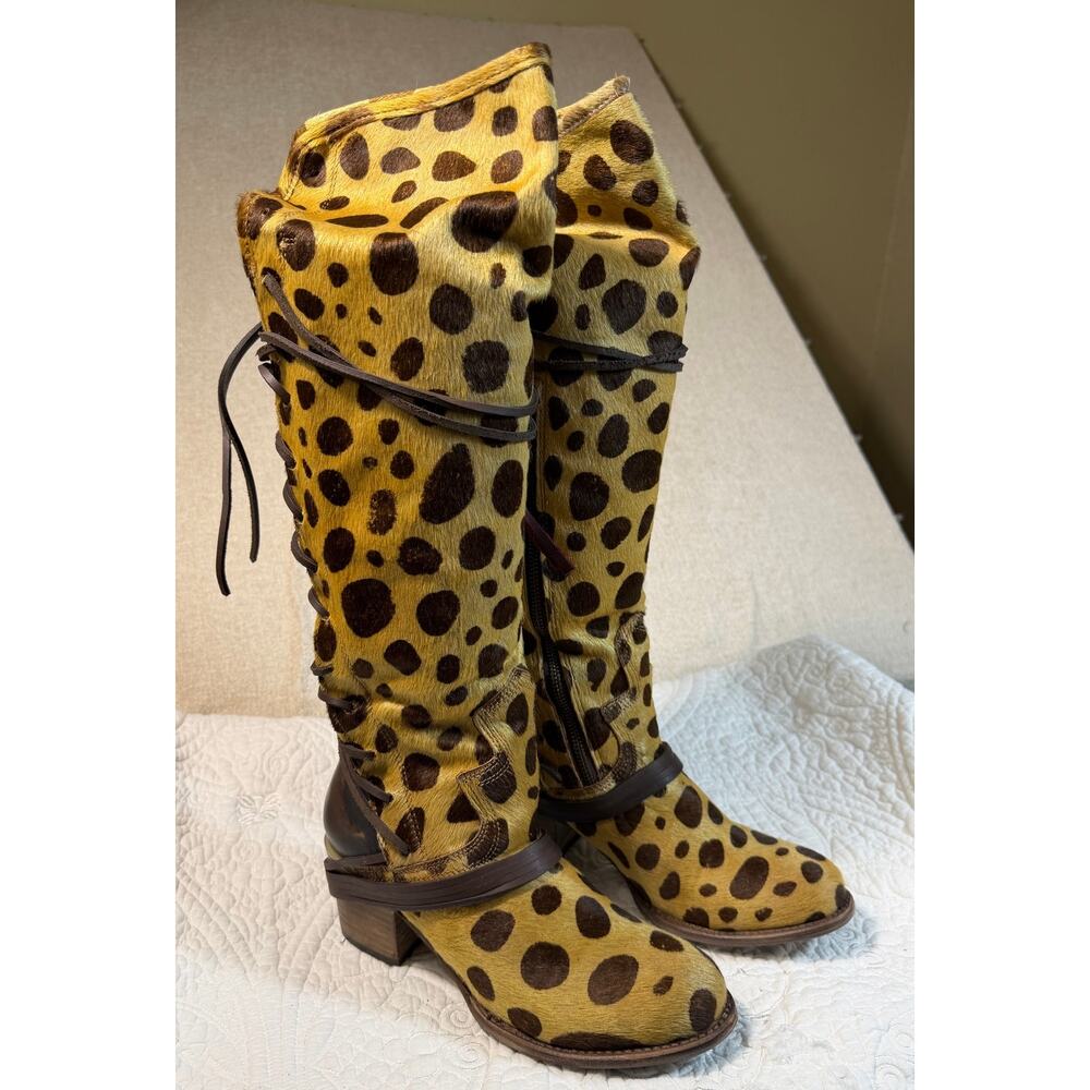 NIB Freebird Women 9 Tan Black Coal Leopard Knee High Leather Boots Designer